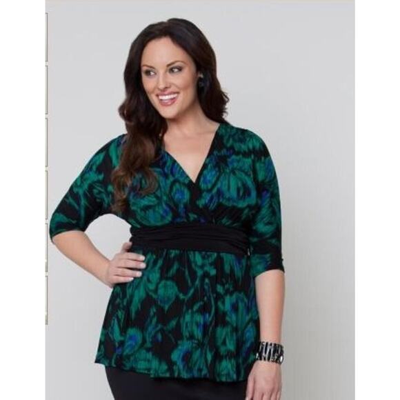 Kiyonna Women's Top Tunic 2X Green Black Devon Dolman Style V Neckline Slimming - Picture 1 of 8